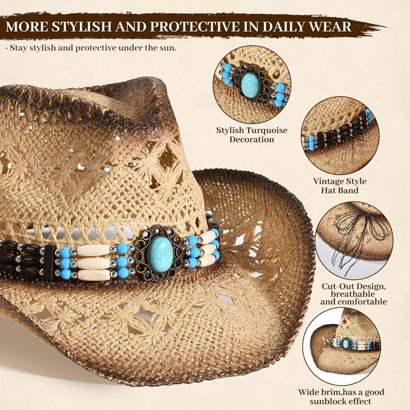 Willheoy Straw Cowboy Hat for Men Womens Straw Cowgirl Hat Summer Western Cowboy Hats with Wide Brim for Cowgirls and Cowboys - Image 2